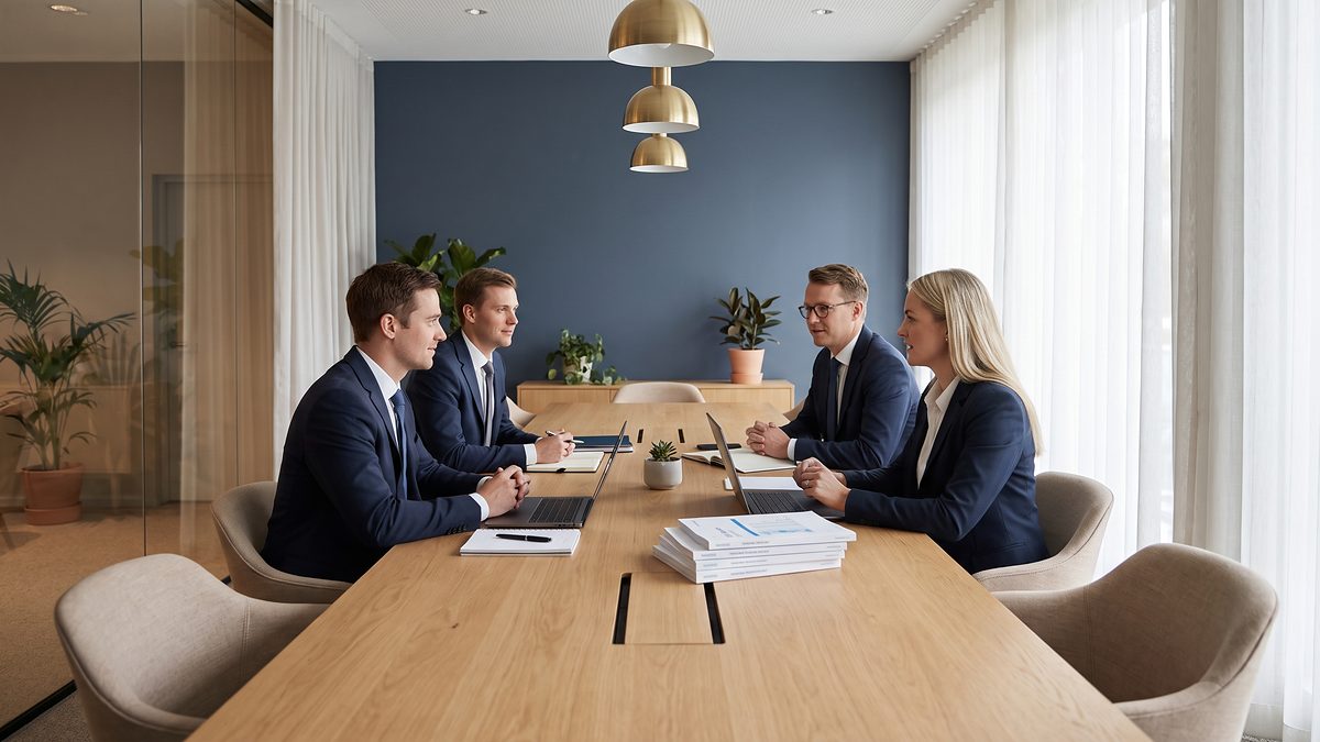 Four professionals in conversation around a light oak table in a bright modern conference room.