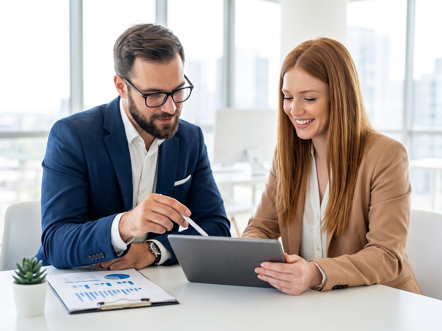 A tax advisor and a client reviewing a return together on a tablet at a bright office desk.