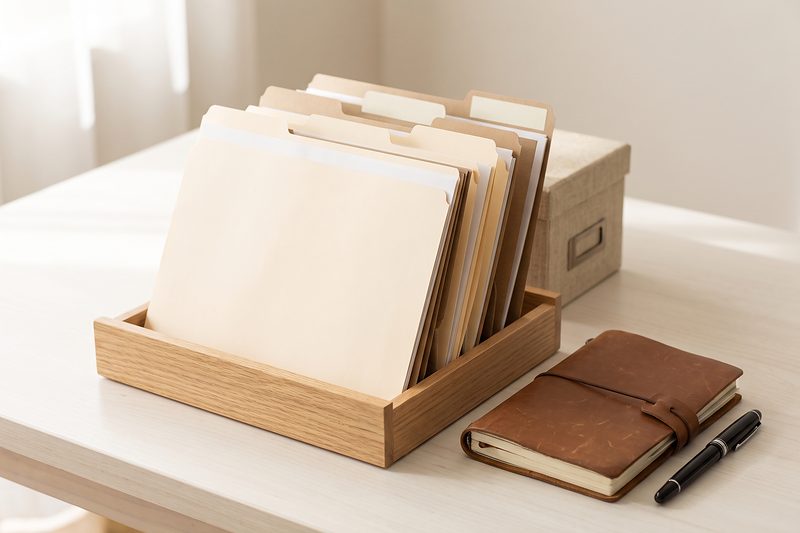 Upright manila folders in a wooden desk organiser beside a leather notebook and pen.