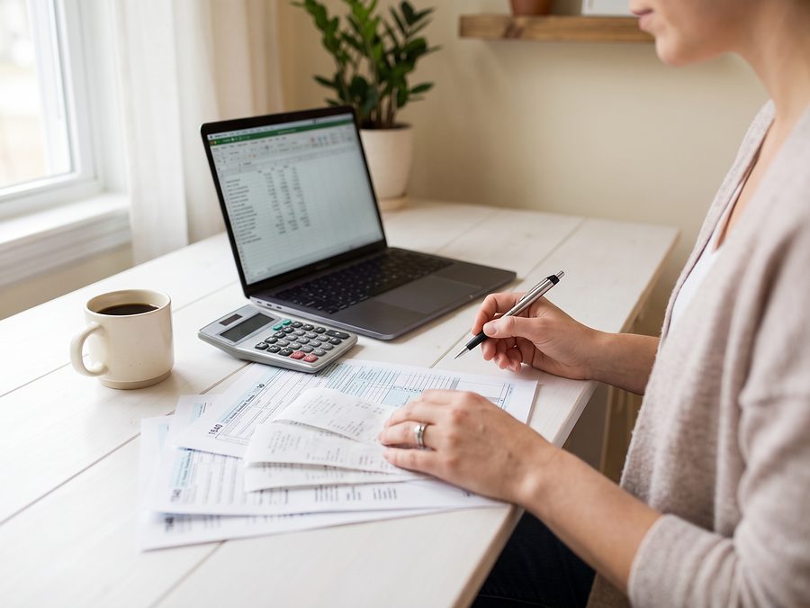 Printed tax forms, a calculator and an open laptop on a bright desk beside a coffee cup.